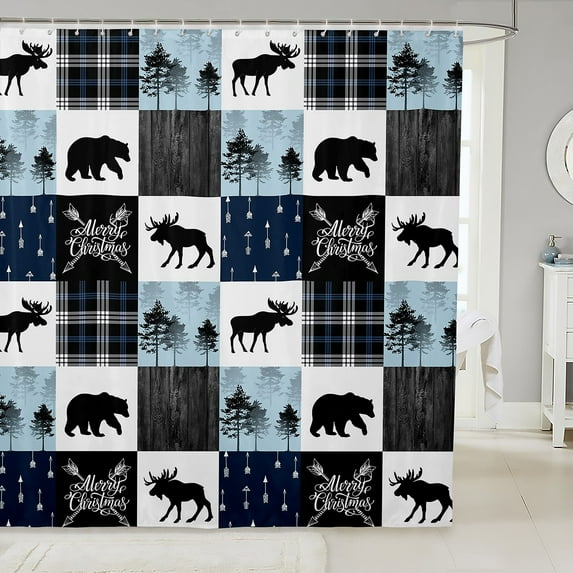 Rustic Patchwork Shower Curtain 72" W X 84" L, Bear Deer Bathtub Shower Curtain Teens Adult Bathroom, Plaid Country Cabin Bath Curtain Woodland Shower Stall Curtain