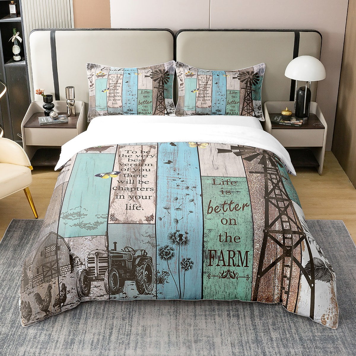 YST Rustic Windmill 100 Cotton Duvet Cover Twin,Vintage Farmhouse