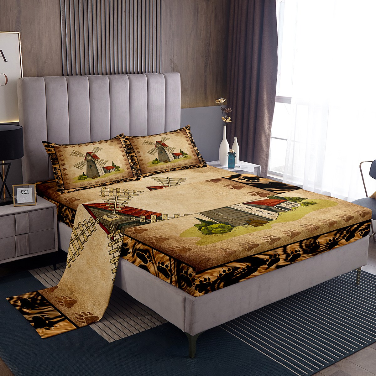 Rustic Sheet YST Rustic Windmill Bed Sheets Set Vintage Farmhouse Queen Size Sheet ...