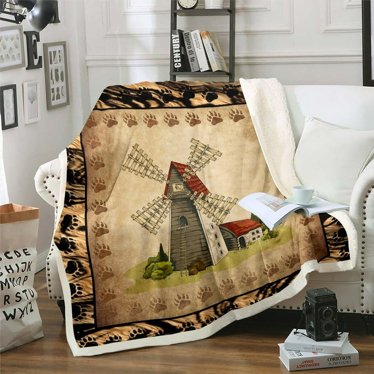 YST Rustic Windmill Blanket Vintage Farmhouse Throw Blanket for Bed Safari Bear Paws Fleece Blanket Retro Lodge Cabin Sherpa Blanket Brown Cow Print Cowhide Fuzzy Blanket Walmart