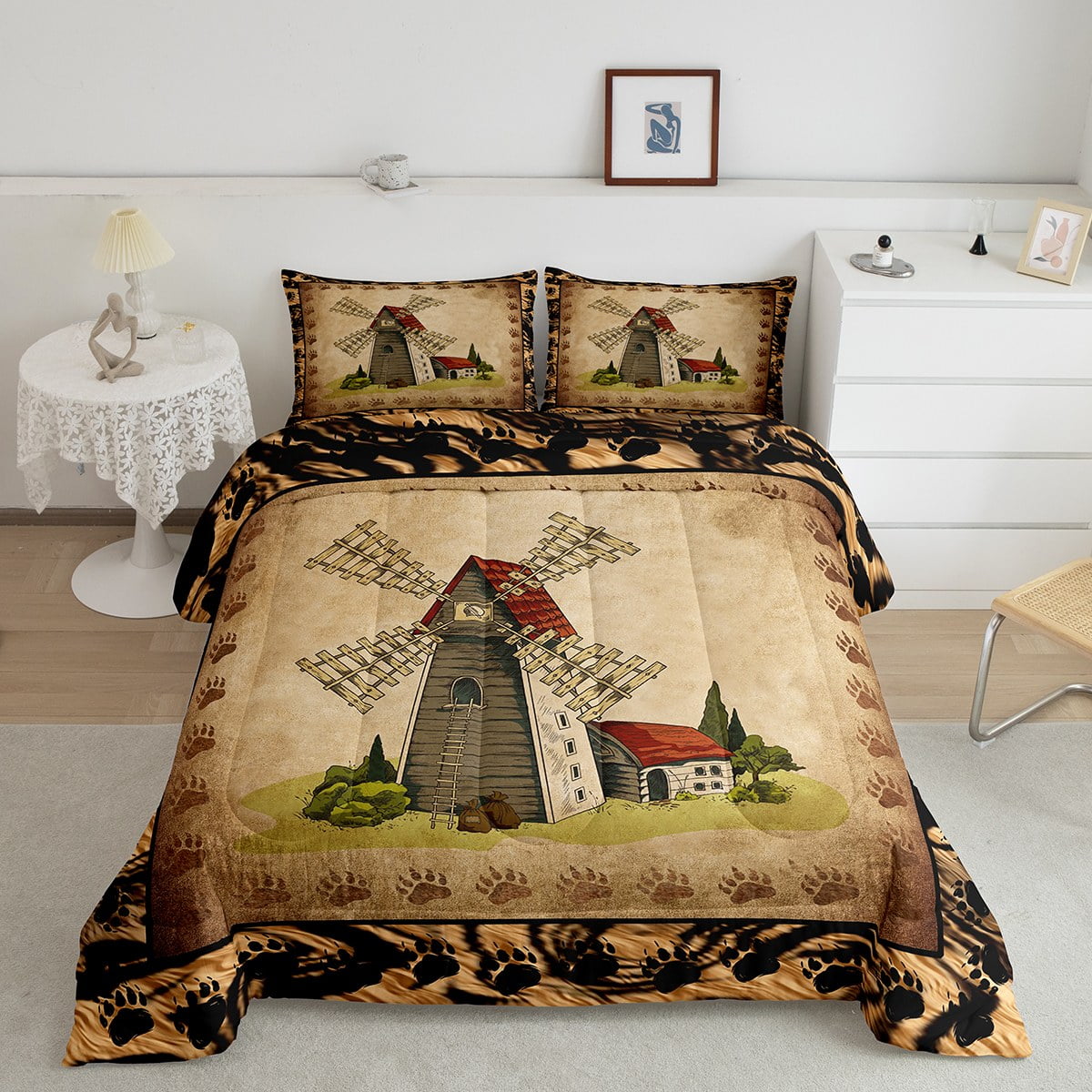 YST Rustic Windmill Comforter Full Vintage Farmhouse Bedding Set, Safari Bear Paws Down ...