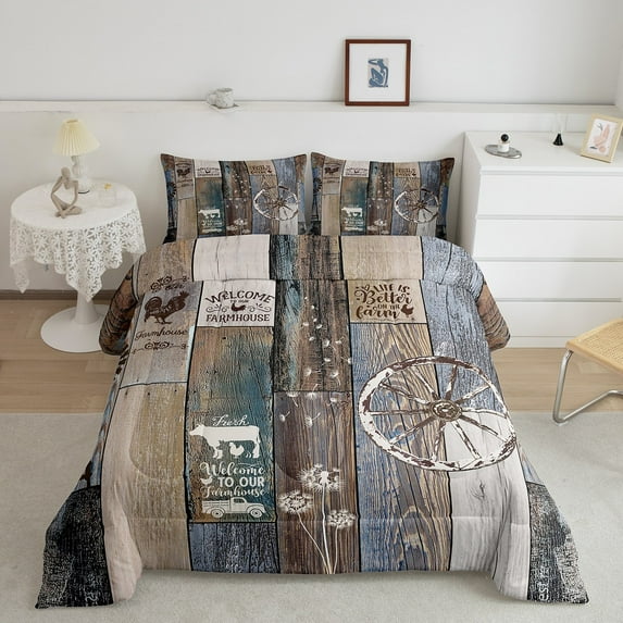 Rustic Windmill Comforter Set For Bedroom Decor, Farmhouse Wheel Vintage Life Bedding Set Twin Size Western Farm Barn Door Quilt Wooden Plank Cow Country Bedding Comforter Sets, Brown