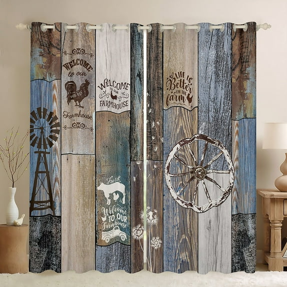 Erosebridal Rustic Windmill Curtains For Bedroom, Farmhouse Wheel Vintage Life Curtains & Drapes 42"Wx63"L Western Farm Barn Door Blackout Curtains Wooden Plank Cow Country Window Curtains, Brown