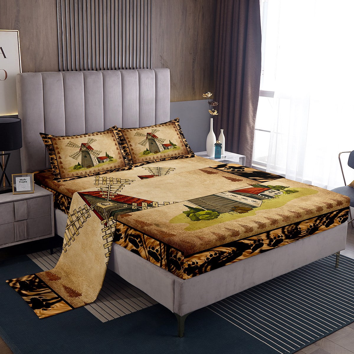 YST Rustic Windmill Queen Sheets Retro Farmhouse Bed Set, Brown Grunge ...