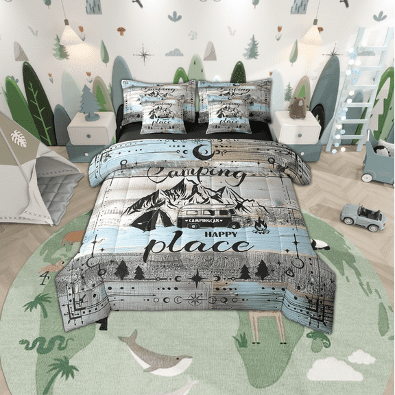 Rv Bed In A Bag For Travel Trailers Happy Camping Bunk Comforter Set 7 Piece Twin Boho Stars Moon Camper Decor Bedding For Inside,Rustic Farmhouse Travel Adventure Bed Set Blue Grey
