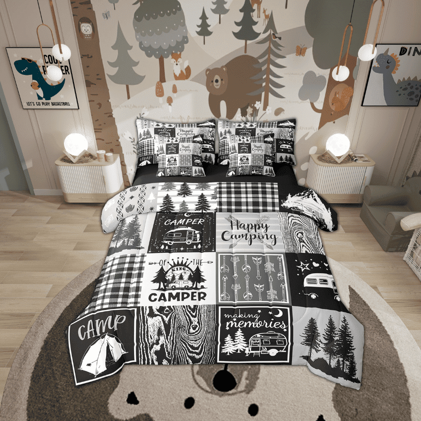 Rv Bedding Sets 7 Piece Plaid Camper Bed In A Bag Twin Rustic Farmhouse Camping Bunk Comforter Set Camper Accessories For Travel Trailers,Woodland Travel Bed Set Men