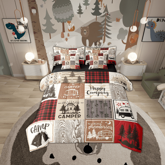 Rv Short King Comforter For Camper Happy Camping Bunk Bed In A Bag 7 Piece Camper Accessories Bedding For Travel Trailers,Patchwork Buffalo Plaid Pine Tree Arrow Bed Set Red Brown