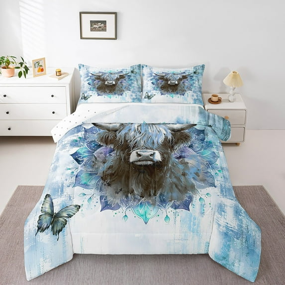 Safari Highland Cow Full Comforter Set Farm Animal Bedding Set Full,Bohemian Mandala Bedding Comforter Sets Blue Ombre Duvet Set,Chic Butterfly Quilted Comforter