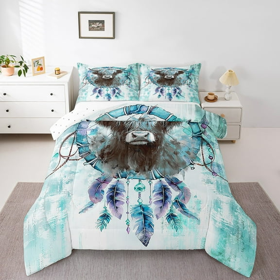 Safari Highland Cow Queen Size Comforter Set Farm Animal Bedding Set,Bohemian Dreamcatcher Down Comforter Teal Ombre Bed Set,Tribal Feather Quilted Duvet