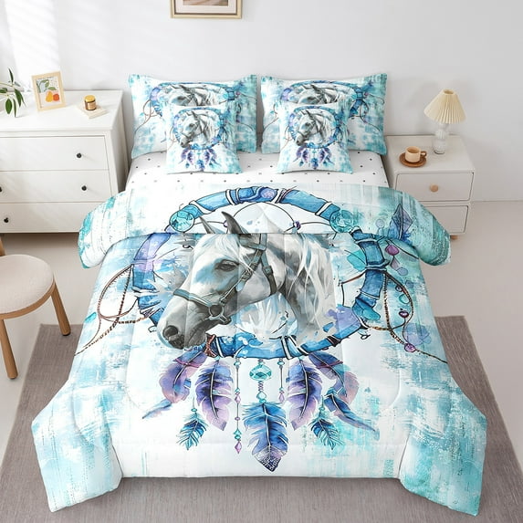 Safari Horse Full Comforter Set 7 Pieces Farm Animal Bedding Comforter Sets,Bohemian Dreamcatcher Bed in a Bag Blue Ombre Bedding Set,Tribal Feather Bed Sheets Set