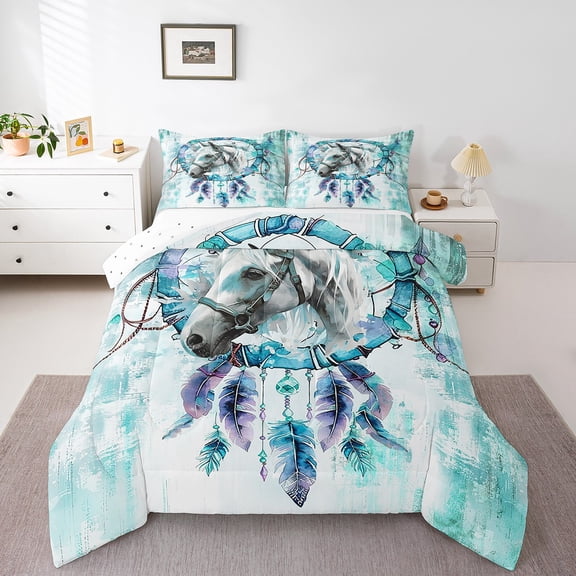 Safari Horse Queen Size Comforter Set Farm Animal Bedding Set,Bohemian Dreamcatcher Down Comforter Teal Ombre Bed Set,Tribal Feather Quilted Duvet