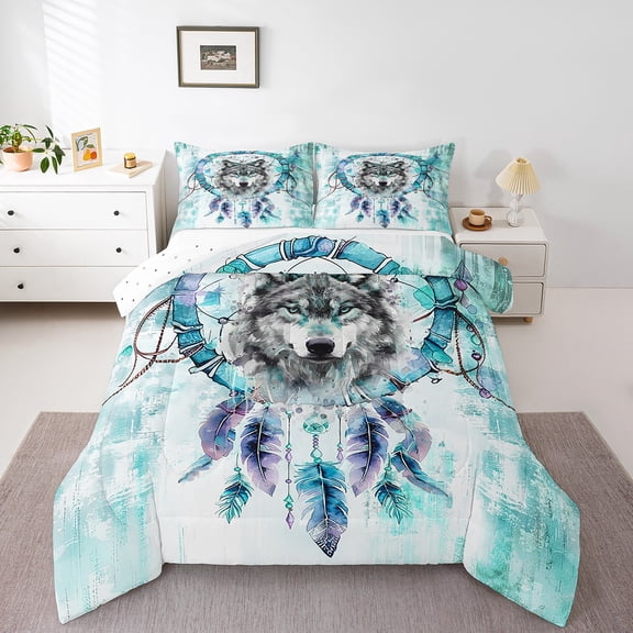 Safari Wolf Twin Size Comforter Set Animal Bedding Set,Bohemian Dreamcatcher Down Comforter Teal Ombre Bed Set,Tribal Feather Quilted Duvet