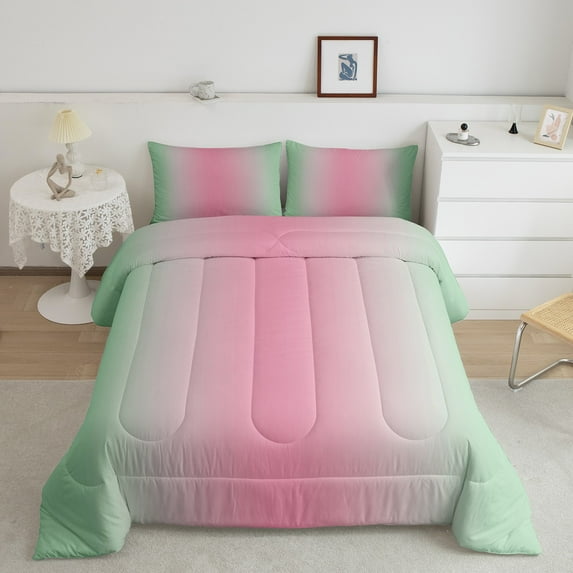 Erosebridal Sage Green and Pink Comforter Set Queen,Rainbow Ombre Bedding Set Aesthetic Room Decor for Women Men,Gradient Colorful Comforter Sets Abstract Quilt Bed Set 3Pcs