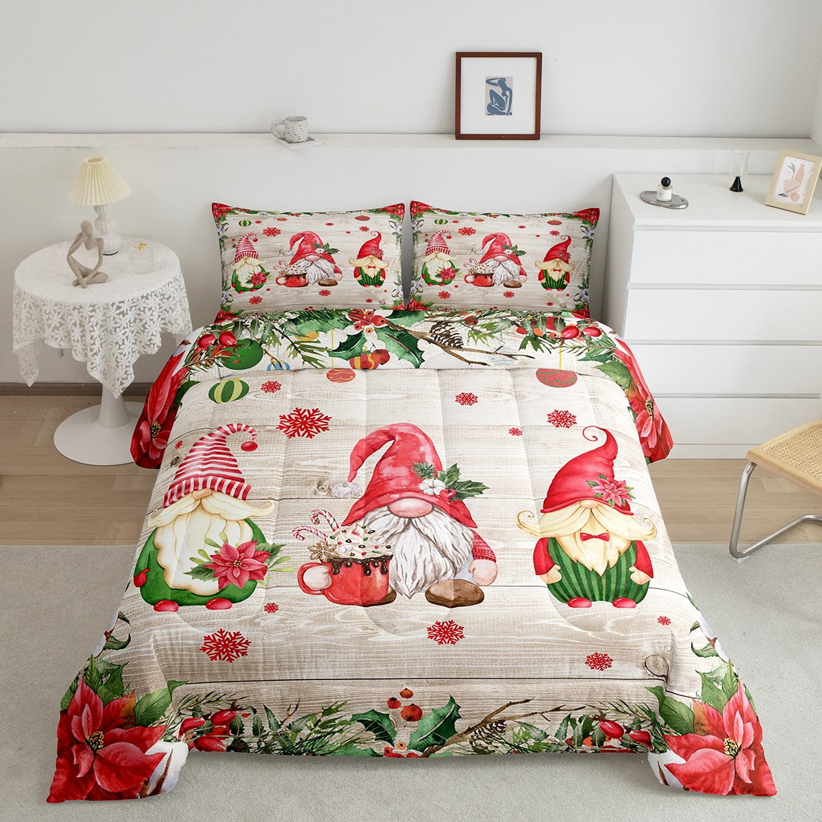 YST Santa Gnome Comforter Set King Rustic Christmas Bedding Set