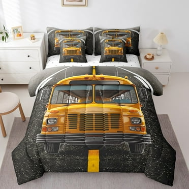 School Bus Bedding Queen Size 7pcs, 3D Bus Vehicle Printed Soft Comforter Set, Transportation Adults Bedding Comforter Sets Bed in a Bag, Yellow Black Car Automobile Bed Sheets Set