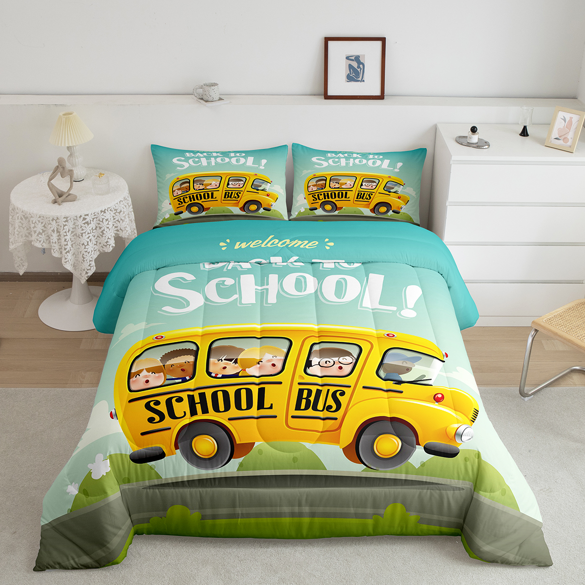YST School Bus Bedding Yellow Car Print Bedding Comforter Sets, Cartoon