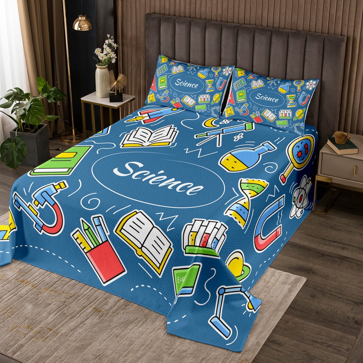 YST Science Theme Quilt Set Twin Science Formula Bedspread for Boys Girls Math Geometry Science