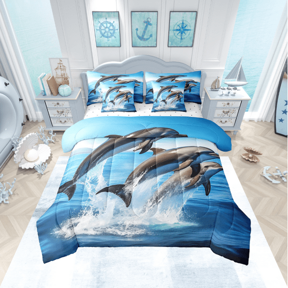 Erosebridal Sea Dolphin Comforter Set King 7 Piece Blue Ocean Marine Life Animal Bed in a Bag,Coastal Beach Bedding Set (1 Comforter,1 Fitted Sheet,1 Flat Sheet,2 Pillowcases,2 Throw Pillow Covers)