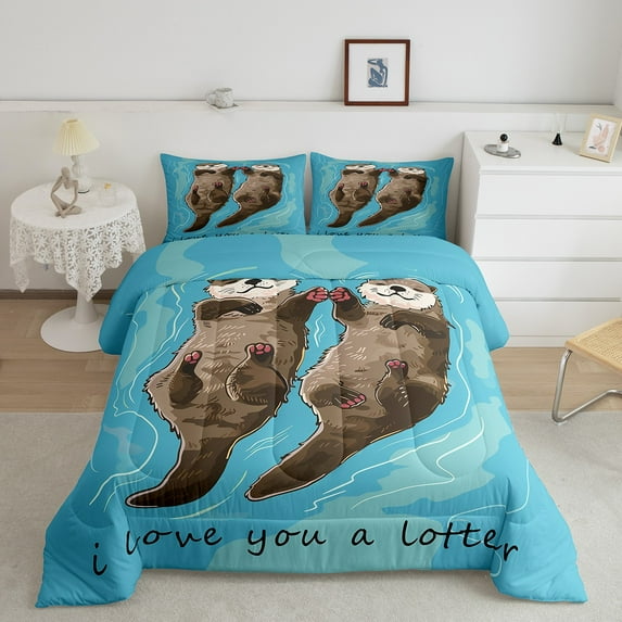 Erosebridal Sea Otters Queen Size Bedding Set for Otter Lovers,Otter Couple Comforter Set,Kawaii Funny Cartoon Otters Down Comforter,Marine Life Quilted Comforter,Blue and Brown
