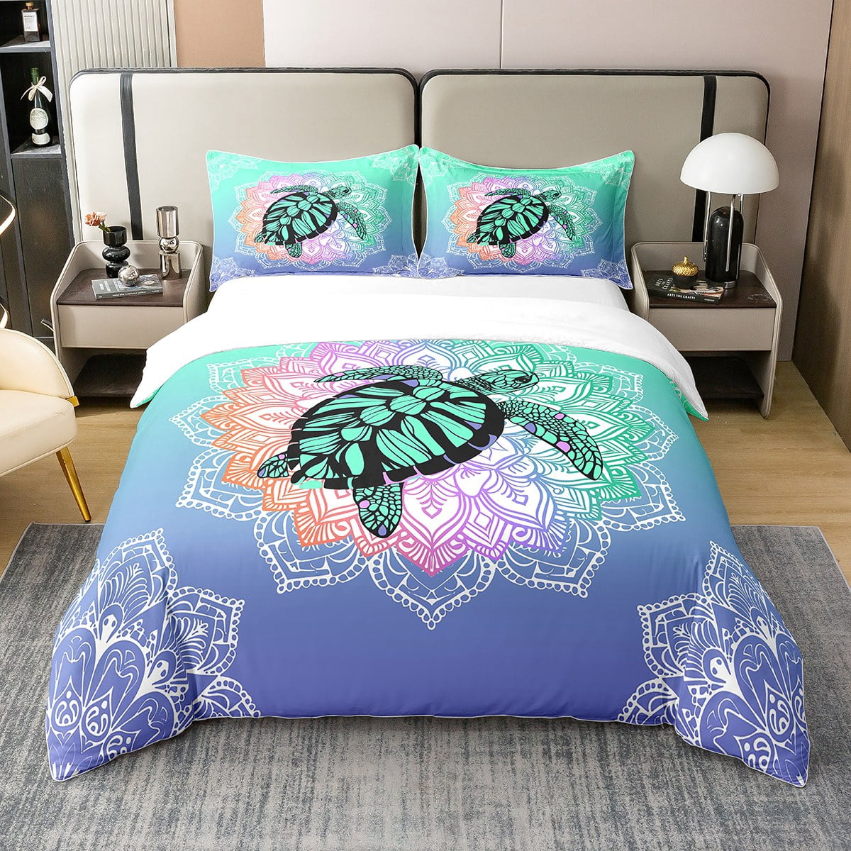 Erosebridal King Bohemian Duvet Cover Set - 100% Cotton, Wavy Rainbow Embroidery