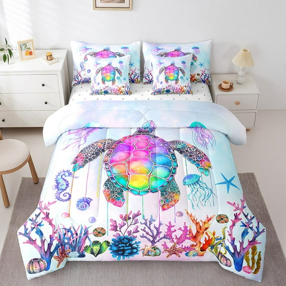 Erosebridal Sea Turtle Comforter Set,Rainbow Tortoise Bed in A Bag,Teal Ombre Coastal Animal Bedding Sets,Ocean Starfish Coral Reversible Bed Sets,7 Piece,Full