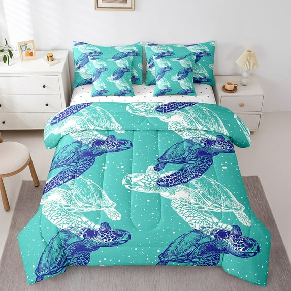 YST Sea Turtle Comforter Set Queen 7 Piece Teal Blue Ocean Marine Animals Bed in a Bag,Coastal Nautical Bedding Set(1 Comforter,1 Fitted Sheet,1 Flat Sheet,2 Pillowcases,2 Throw Pillow Covers)