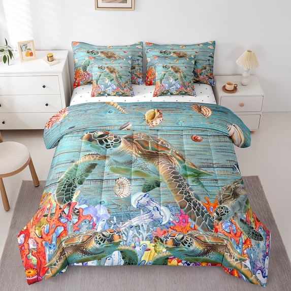 Sea Turtle Comforter Set Queen Size 7 Piece Beach Coastal Bed in a Bag Jellyfish Ocean Life Nautical Bedding Sets with 1 Fitted Sheet,1 Flat Sheet,2 Pillowcases,2 Throw Pillow Covers