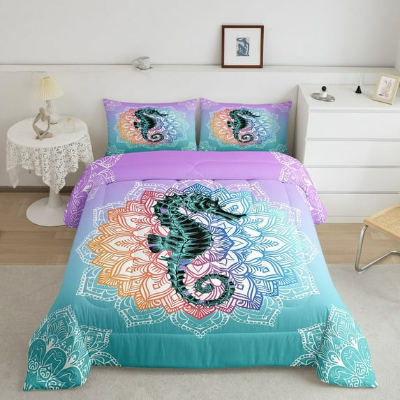 Seahorse Comforter Set Twin, Boho Flower Bedding , Colorful Mandala Ocean Animal Bedding Comforter Sets, Summer Exotic Ombre Geometric Duvet Insert, Blue Purple