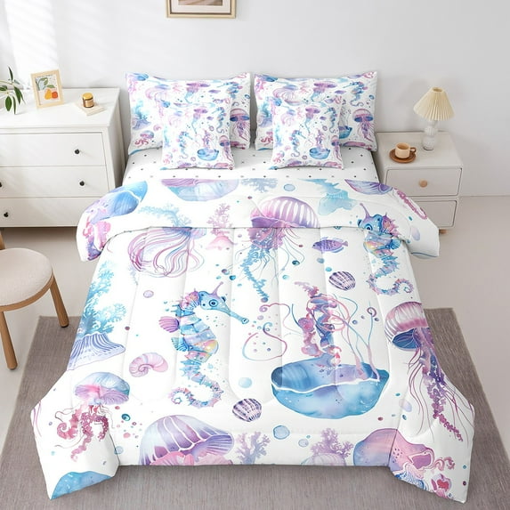 Erosebridal Seahorse Comforter Set Twin,Watercolor Coastal Animal Bed in A Bag 7 Piece,Girly Jellyfish Seashell Reversible Bed Sets with Flat Sheet Set,Pillow Cases,Cushion Cases