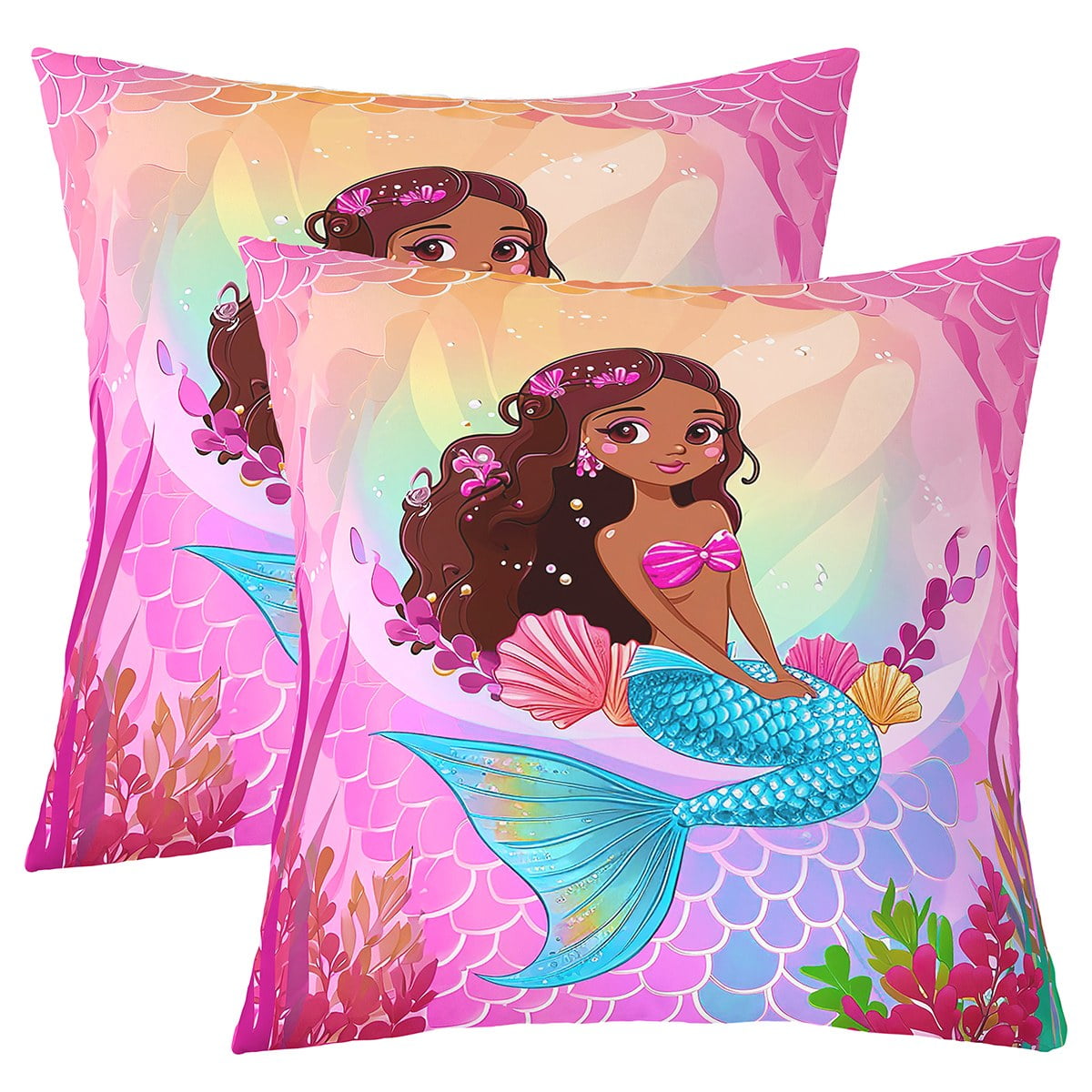 YST Set of 2 Mermaid Throw Pillow Covers 18x18 Blue Pink Fish Scales Pillow Covers Seaweed Coral Shells Cushion Covers Girly Rainbow Decorative Pillow Covers Ocean Animal theme Bedroom Decor Walmart.c...