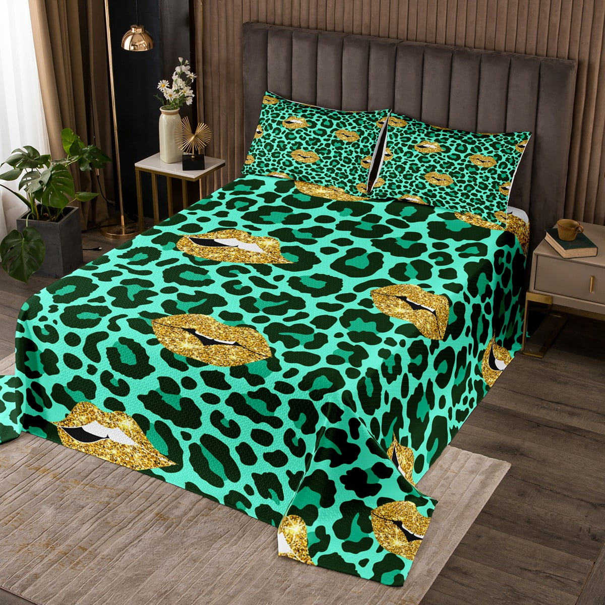 YST Sexy Leopard Lip Print Quilt Set Twin,Green Cheetah Skin Print