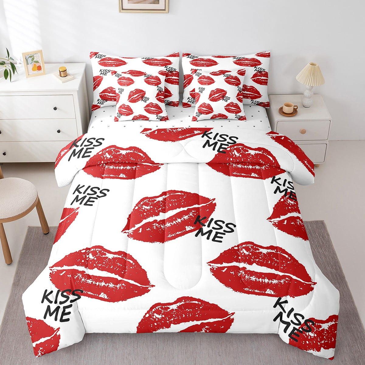 YST Sexy Red Lips 7 Piece Bed in a Bag Twin Size,Romantic Red White Comforter Set for Adult ...