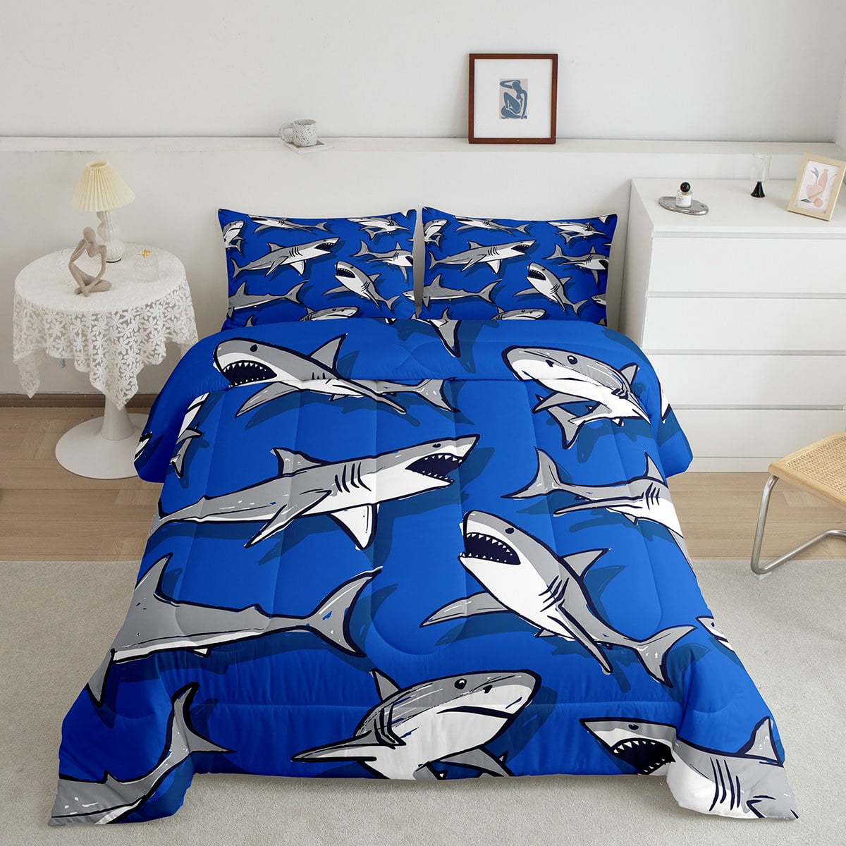 YST Shark Comforter Set King Size, Marine Life Bedding, Blue And White ...