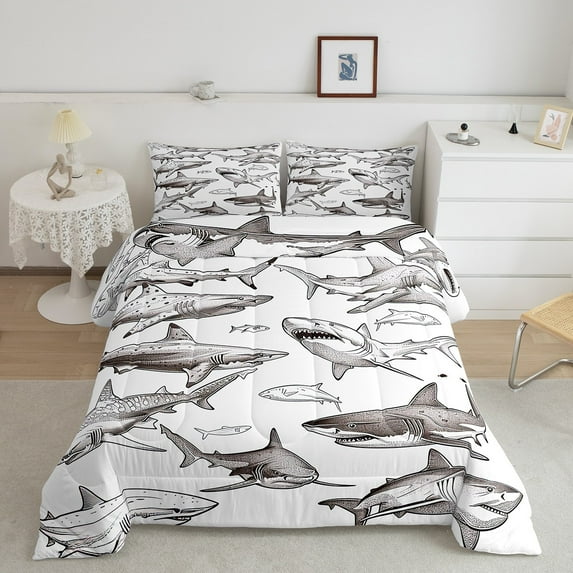 Erosebridal Shark Comforter Set Queen Size, Marine Life Duvet Insert Ocean Animals Coastal Creature Bedding Set Teens, Underwater Word Bedding Comforter Sets With 2 Pillow Cases, White
