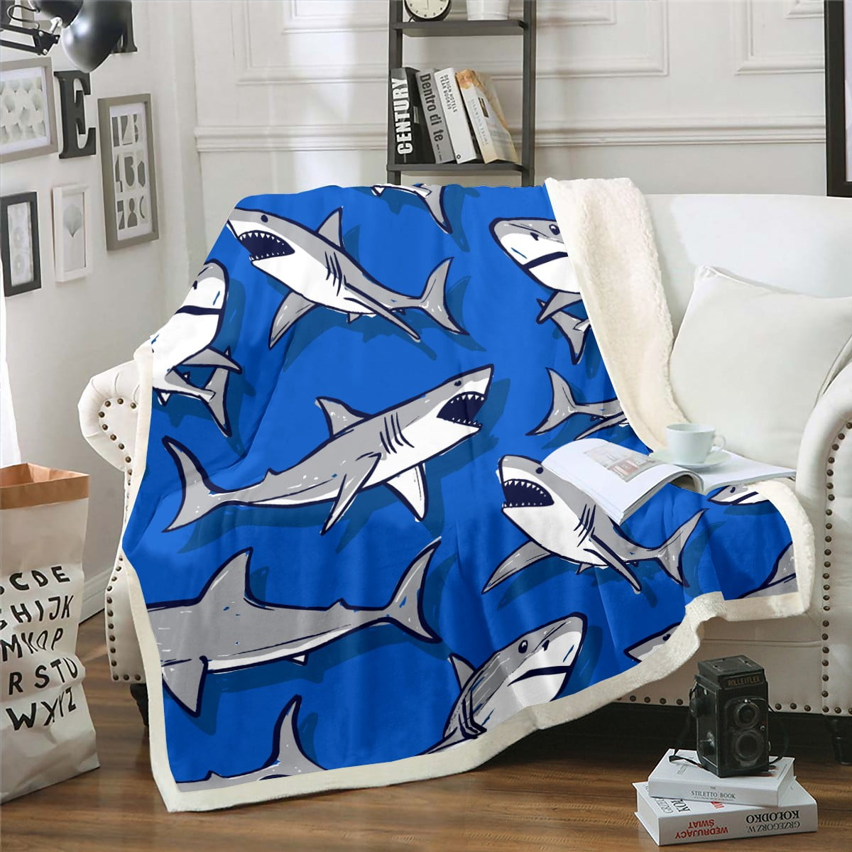 Cozy Deep Sea Shark Throw Blanket - 60x80 Inch Super Soft Plush Blanket For Kids, Teens, Dorm, Sofa & Bed
