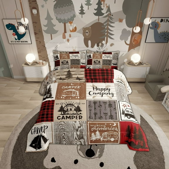 Short Twin Comforter For Rv Camper Happy Camping Bunk Comforter Set Rv Camper Accessories Bedding For Travel Trailers, Patchwork Buffalo Plaid Pine Tree Arrow Quilt Set Red Brown