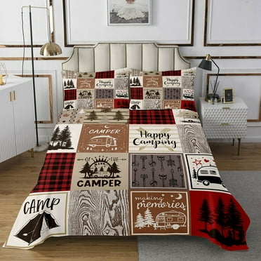 YST Short Twin Coverlet Set For Rv Camper Happy Camping Bunk Bedspread Set Rv Camper Accessories Quilt Set For Travel Trailers,Buffalo Plaid Pine Tree Arrow Bedding Set Red Brown