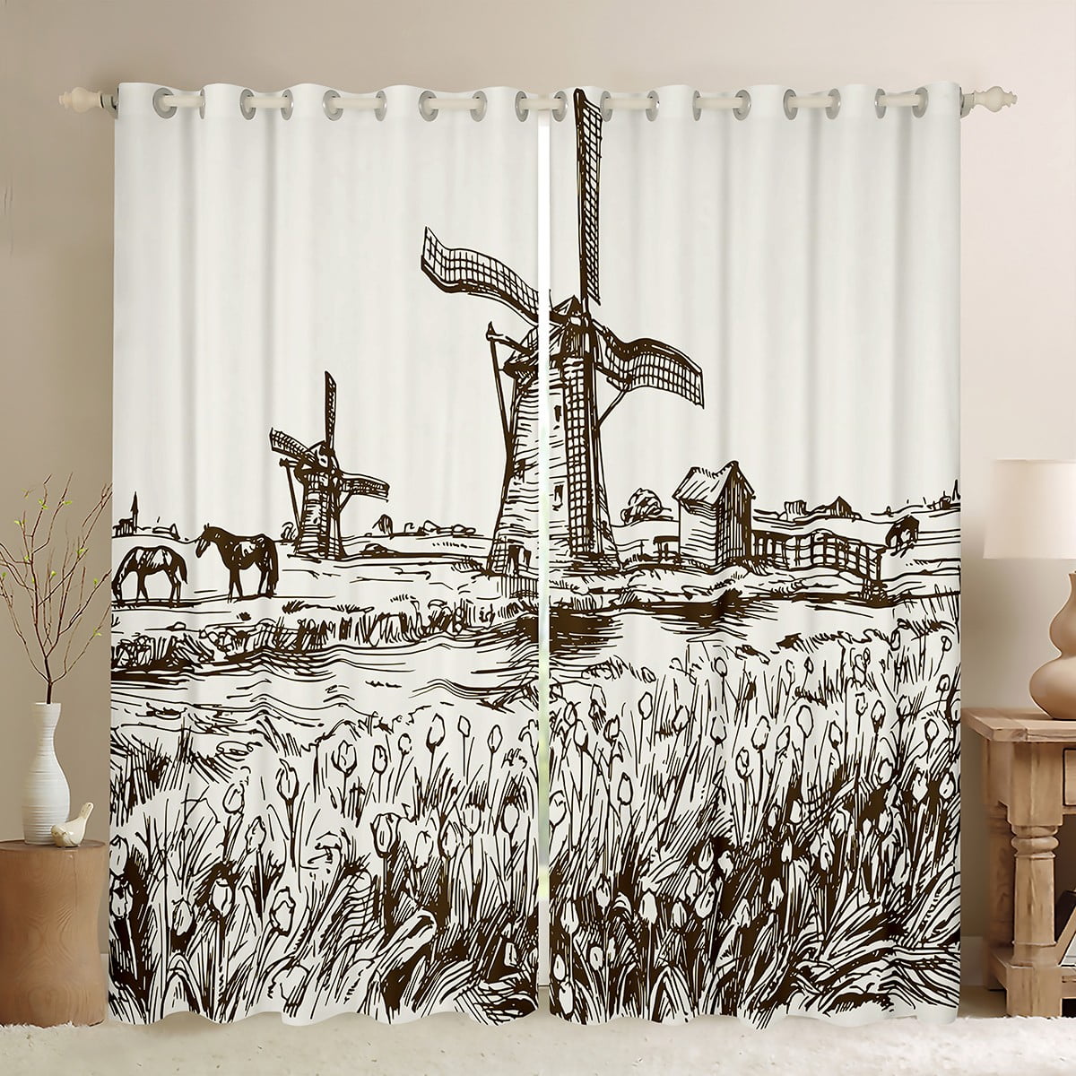 YST Sketch Windmill Curtains Vintage Lodge Cabin Curtains & Drapes ...