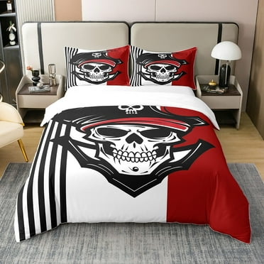 Erosebridal Skull Captain Duvet Cover 100% Natural Cotton Teens,Pirate Skeleton Comforter Cover,Black Stripe Bedding Set Soft,Retro Skull Quilt Cover with 2 Pillowcases Queen (No Comforter)