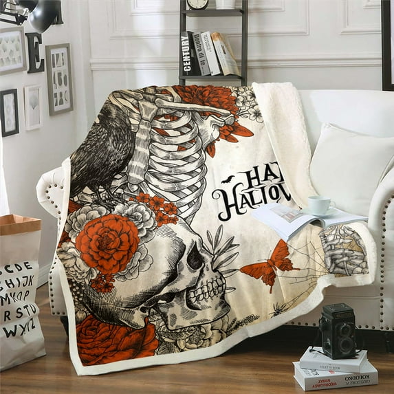 Skull Fleece Blanket Happy Halloween Throw Blanket, Butterfly Floral Gothic Decor Fuzzy Blanket Skeleton Bones Spooky Spider Bat Sherpa Blanket 40"X50"