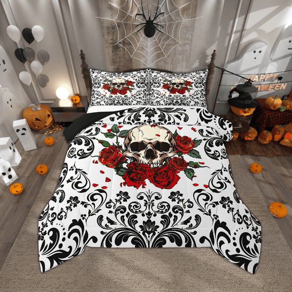 Erosebridal Skull Red Roses Bedding Set King Black Damask Floral Gothic Bedding Comforter Sets Halloween Skull Skeleton Comforter Set Adults,Goth Hippie Skull Quilt Set White