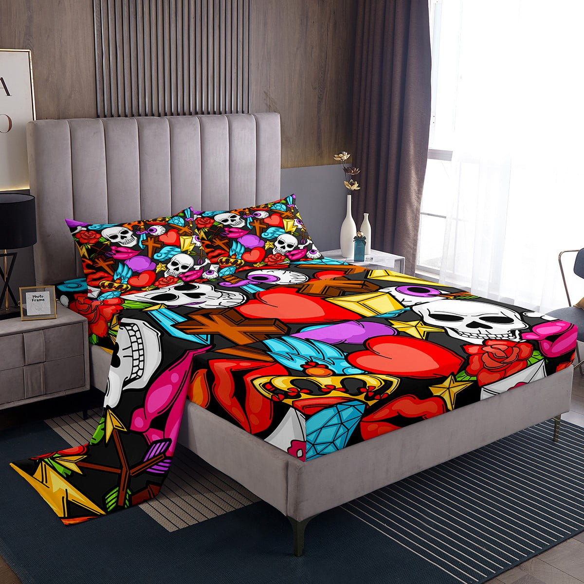 YST Skull Sheets Cartoon Skeleton Head Bones Bed Sheets Set Retro Vintage Decor Sheet Set for Girls Boys Colorful Hippie Hip Hop Style Bedding Set Halloween Decorations Full Walmart