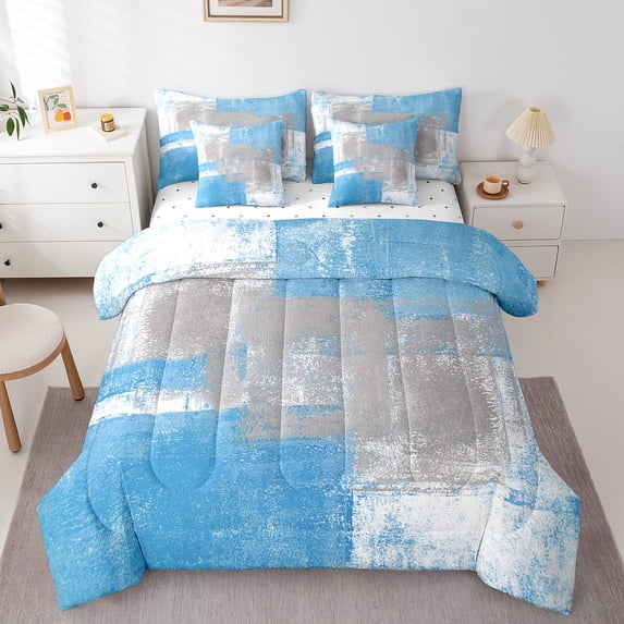 Sky Blue White Ombre Comforter Set,King Oil Painting Bedding Set ,Mid Century Duvet Insert,Modern Reversible Bed Sets with Sheet Set,7 Piece Bedroom Decor