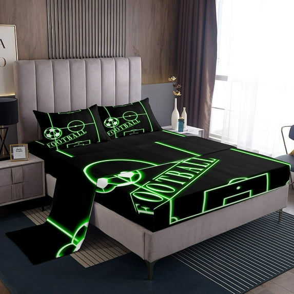 Erosebridal Soccer Bed Sheets Set Teens Black Green Full Size Sheet Sets, Sports Gaming Sheets Green Football Field Bed Set, Ball Game Flat Sheet Cozy