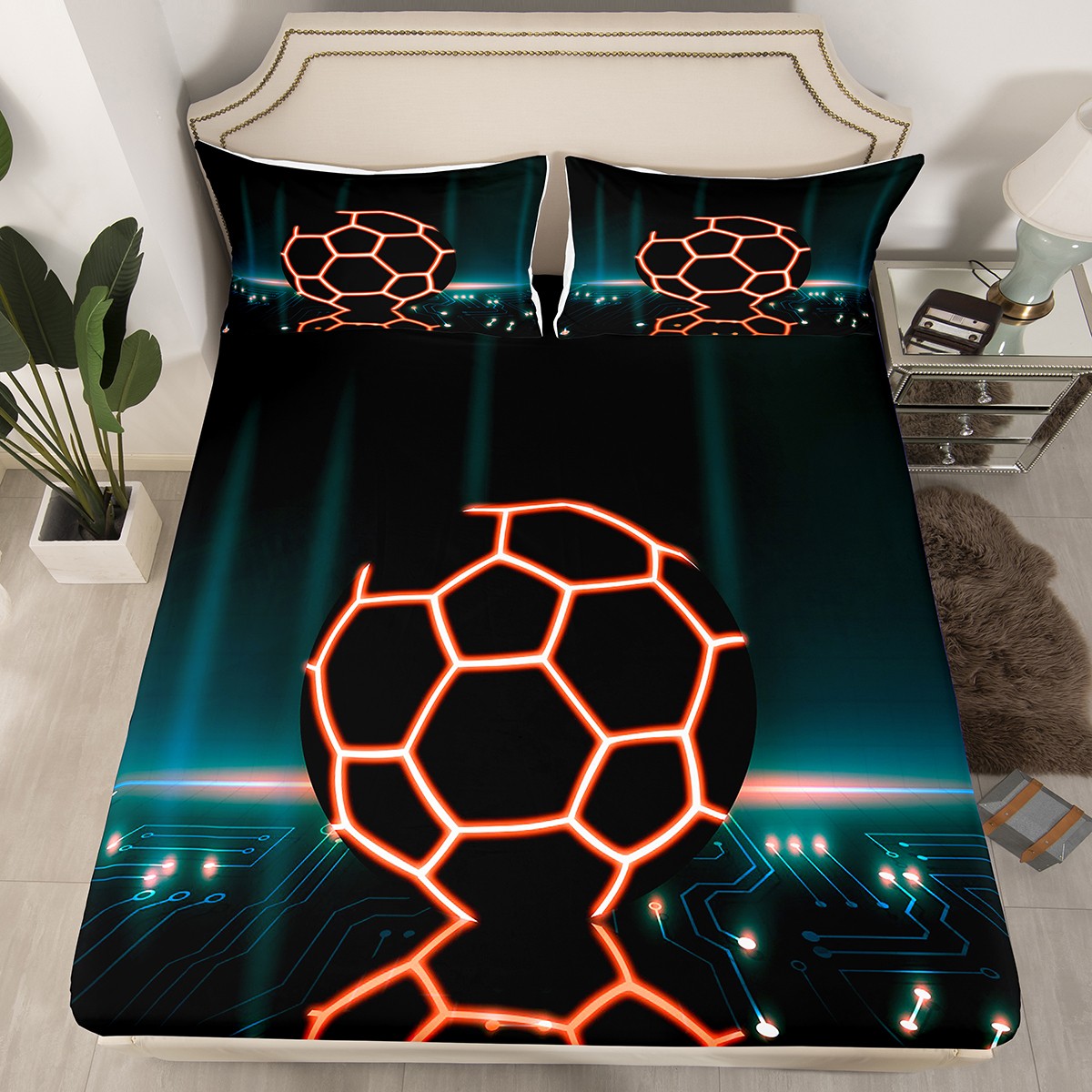 YST Soccer Fitted Sheet Full, Sports Gamer Bed Sheets, Neon Glowing Ball Sheets For Boys ...