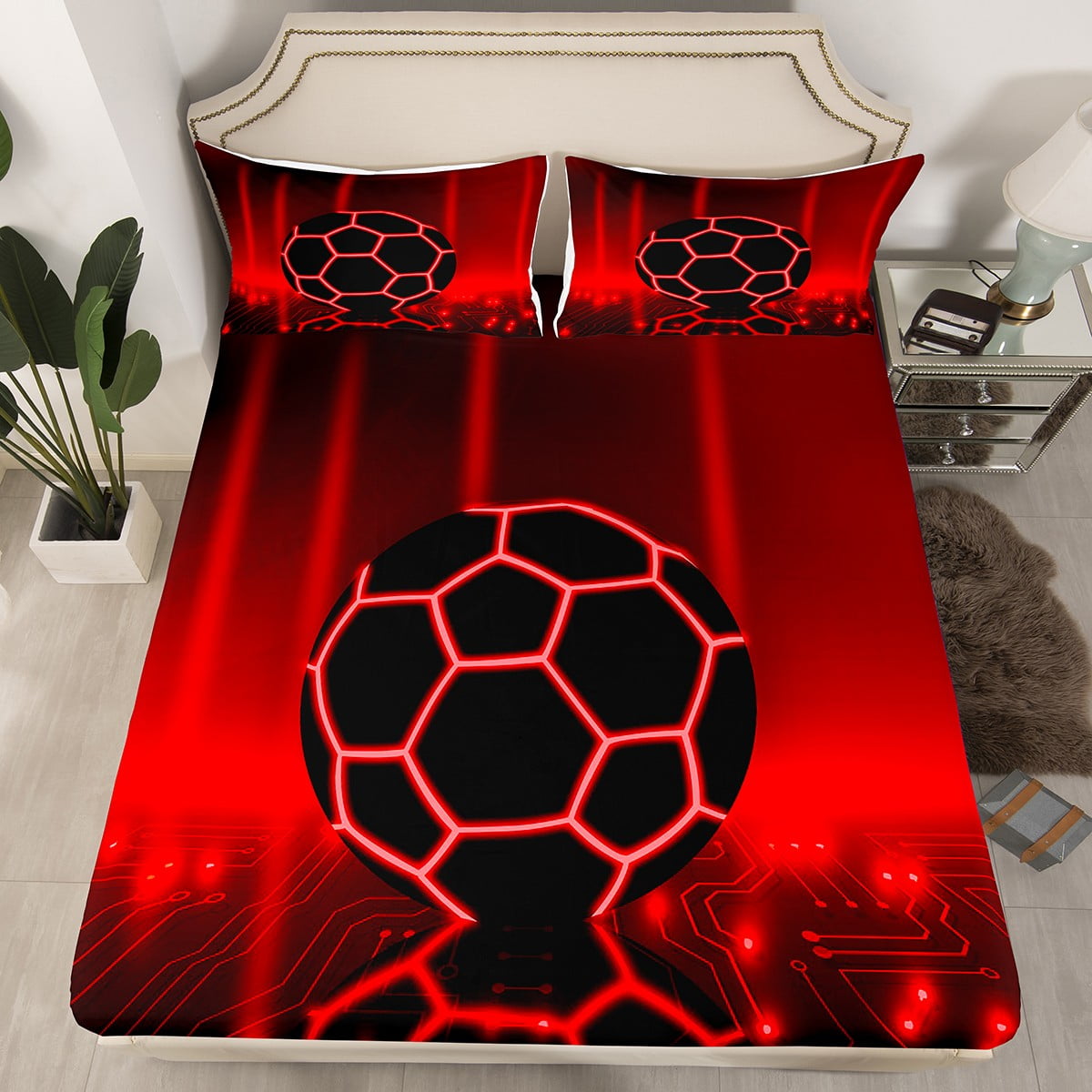 YST Soccer Fitted Sheet Twin, Sports Gamer Bed Sheets, Neon Glowing