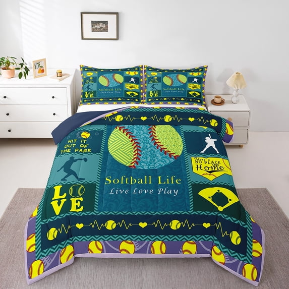 Erosebridal Softball Comforter Set Twin Women,Sports Theme Bedding Sets Softball Decor Bedroom,Ball Games Bedding Comforter Sets Patchwork Plaid Quilt Bed Set 2Pcs