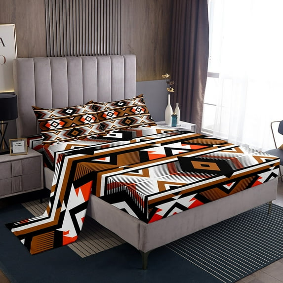 YST Southwestern Bedding Set Full Retro Geometric Bed Sheets Boho Aztec Sheet Set For Kids Teen Adults Western Tribal Fitted Sheet Western Flat Sheet 2 Pillow Cases Red Brown