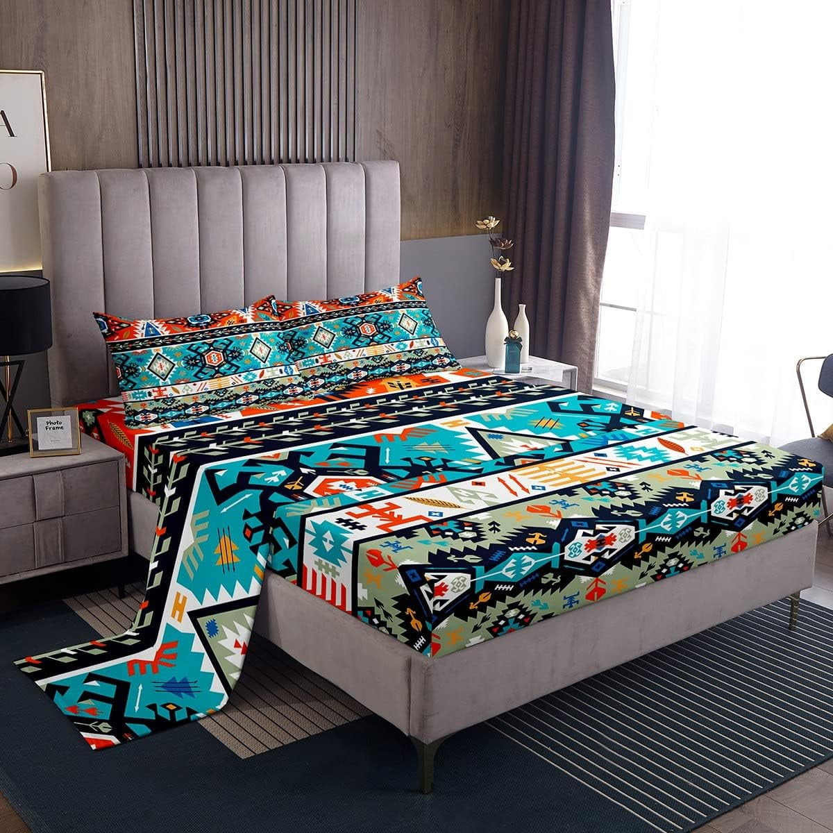 Feelyou King Size Southwest Native Design Bed Sheet Set - Ultra Soft Tribal Geometric, Deep Pocket Fitted Sheet, Beige - View #2
