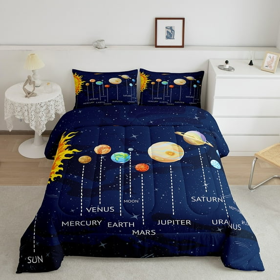 Erosebridal Space Comforter Set Twin Solar System Bedding Set, Outer Space Bedding Comforter Sets for Teens Universe Themed Duvet Insert 2 Pcs Blue Space Galaxy Starry Sky Quilt